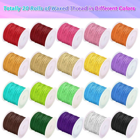 Twenty Rolls Wax String For Bracelet Making, Waxed Thread Cord, colorful 1mm thickness, 25 yards per roll, displayed in vibrant colors