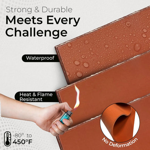 Red One Eighth Inch Thick Heavy Duty Fiber Reinforced Silicone Sheet 12 Inch Wide By 36 Inch Long 70A Durometer Made In USA High Temperature Gasket Material, showing waterproof and heat resistance properties.