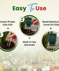 All In One Soil Tester For Moisture pH And Light With Battery Free Analog Meter And Stainless Steel Probe For Indoor And Outdoor Gardening And Lawn Care No Guesswork, inserted in potted plant soil