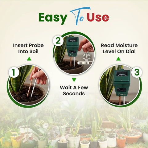 All In One Soil Tester For Moisture pH And Light With Battery Free Analog Meter And Stainless Steel Probe For Indoor And Outdoor Gardening And Lawn Care No Guesswork, inserted in potted plant soil
