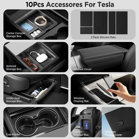 Ten Piece Center Console Organizer For Model Y Juniper 2025 2026 Premium And Performance Under Seat Storage Armrest Cover Hidden Storage Charger Pad Accessories Black in use
