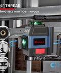 Pro Grade Self Leveling Laser Level Kit With 3x360 Degree Green Beams attached to a tripod, showing laser alignment options.