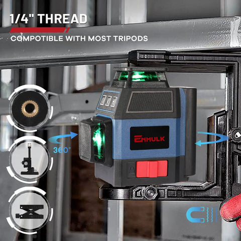 Pro Grade Self Leveling Laser Level Kit With 3x360 Degree Green Beams attached to a tripod, showing laser alignment options.
