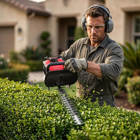 Beefy Gas Powered Hedge Trimmer With 24 Inch Dual Sided Serrated Blades, 36Cc Two Stroke Engine Delivers Big Torque For Thick Branches Up To 2 Inches, No Cord Pruning For Dense Shrubs And Pro Grade Gardens in use by a gardener outdoors.