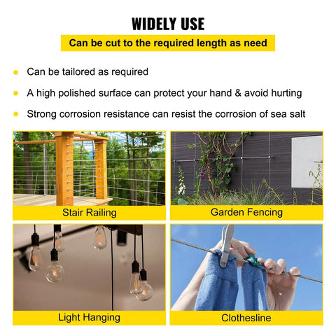 Heavy Duty 1/4 Inch Stainless Steel Cable 200 Ft 7x19 T304 Aircraft Wire Rope Kit for various outdoor uses displayed