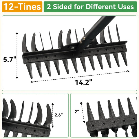 Heavy Duty Metal Bow Rake With 62 Inch Adjustable Handle Dual Sided Dethatching Rake showing 12 tines on measuring diagram