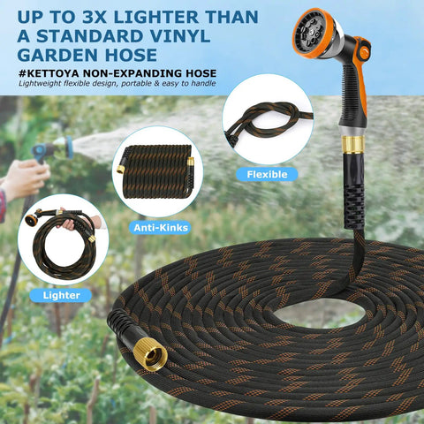 Non Expanding Garden Hose 100 Ft With Kink Free Flex Lightweight Yet Durable Water Hose 10 Pattern Spray Nozzle Leak Proof Design 3/4 Inch Swivel Connectors Heavy Duty Fabric Portable Storage Strap For Easy Carry, coiled with nozzle