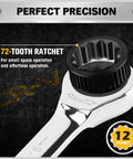 Close-up of 72-tooth ratchet from 33 Piece Ratchet Wrench Set With SAE And Metric Sizing From One Quarter To Three Quarters Inches And Six To Eighteen Millimeters, showing 12-point design and CR-V steel.