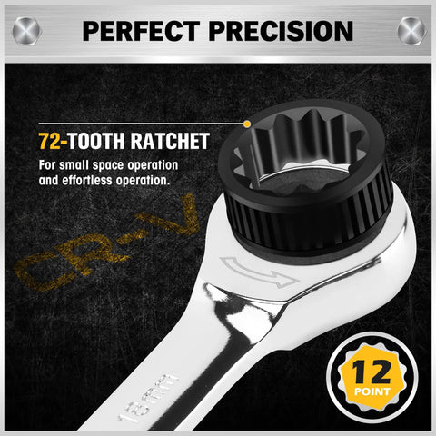 Close-up of 72-tooth ratchet from 33 Piece Ratchet Wrench Set With SAE And Metric Sizing From One Quarter To Three Quarters Inches And Six To Eighteen Millimeters, showing 12-point design and CR-V steel.