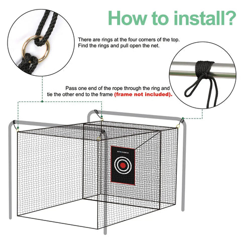 Installation guide for Heavy Duty Golf Batting Cage Net for Backyard Practice With Extra Striking Net Frame Not Included.