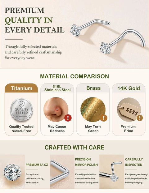 18G Titanium Nose Studs And Rings For Women And Men Includes L Shape And Corkscrew Styles, polished titanium with sparkling stones.