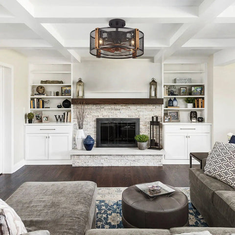 17 Inch Farmhouse Ceiling Fan With Lights Cage Style Bladeless Look Remote Control Reversible Motor installed in living room