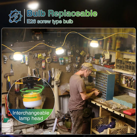 100Ft Construction String Lights illuminating a workshop, showing E26 bulb replacement feature. Ideal for job sites, ETL listed.