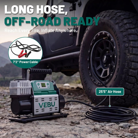 Heavy Duty 12V Rv Air Compressor And Tire Inflator With Auto Shut Off Rapid Digital Display Preset And Corded Electric Mount For Swift Truck Suv Atv Topping Off No Sweat Plug And Play Trail Rig with 25' air hose and 7' power cable.