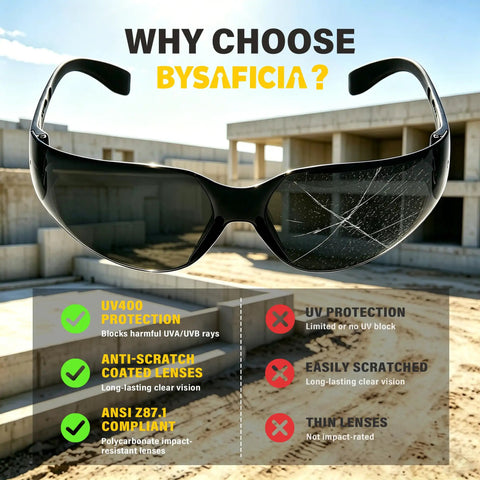 Bulk Pack Of Twenty Four Tinted Safety Glasses With Smoke Lenses And UV Protection Premium Polycarbonate Build Meets Ansi Z87 Standards, showcasing smoke lenses outdoors.