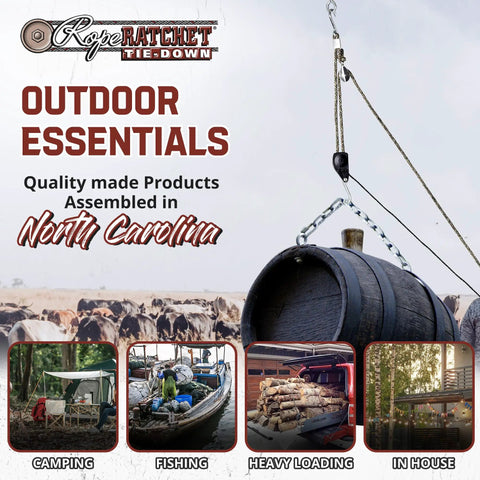 Beefed-Up Three Eighths Inch Braided Rope Block And Tackle System With Heavy Duty Pulley Hoist lifting barrel outdoors, 250 lb capacity.