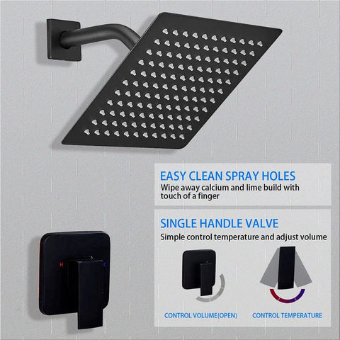 Black Shower Faucet Kit With Rough In Valve And 8 Inch Square Stainless Steel Rainfall Shower Head For A Simple Upgrade Single Function Trim Brass Valve cUPC Certified 1.75 GPM Flow Wall Mounted System featuring easy clean spray holes and single handle valve with control options
