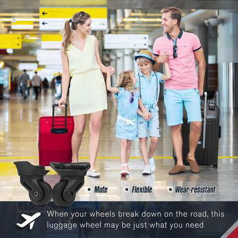 Family with suitcases in airport, featuring Luggage Wheels Replacement Pair For Suitcases And Carry On Wear Resistant Spinner Wheels