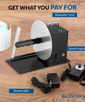 No Sweat Automatic Label Rewinder Machine With Heavy Gauge Metal Take Up Drum And Slick Two Way Rollback For Fast Printer Sync Bulk Labeling Warehouse Essential showing rewinder host and accessories.