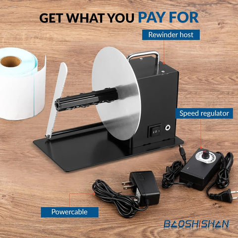 No Sweat Automatic Label Rewinder Machine With Heavy Gauge Metal Take Up Drum And Slick Two Way Rollback For Fast Printer Sync Bulk Labeling Warehouse Essential showing rewinder host and accessories.