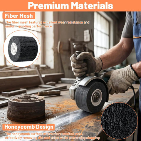 Worker using 2-Pack 60 Grit Polishing Drum Wheel Set, 4.7 By 4 Inch Abrasive Wire Drum For Paint And Rust Removal on metal surface