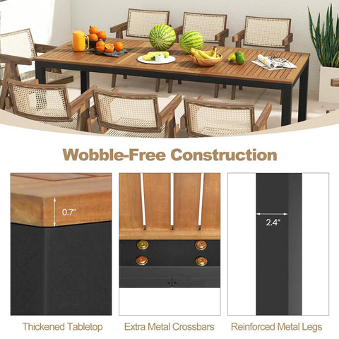 Acacia Wood Outdoor Dining Table For Eight With Umbrella Hole Metal Legs And Adjustable Foot Pads 79 Inch Rectangular Patio Table shown with details of thick tabletop, crossbars, and metal legs for garden hangouts.