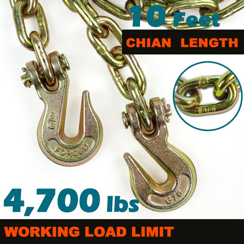 Close-up of hooks on Heavy Duty Grade 70 Chain Transport Kit With 5/16 To 3/8 Inch Chains And Binders, 10 Ft Lengths, 4,700 Lbs load