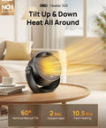 Powerful 1500W space heater with 60 degree adjustable tilt and remote control, placed on a wooden table in a living room.