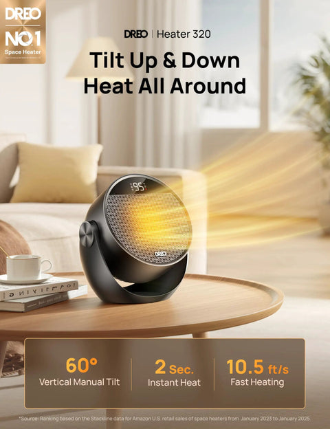 Powerful 1500W space heater with 60 degree adjustable tilt and remote control, placed on a wooden table in a living room.
