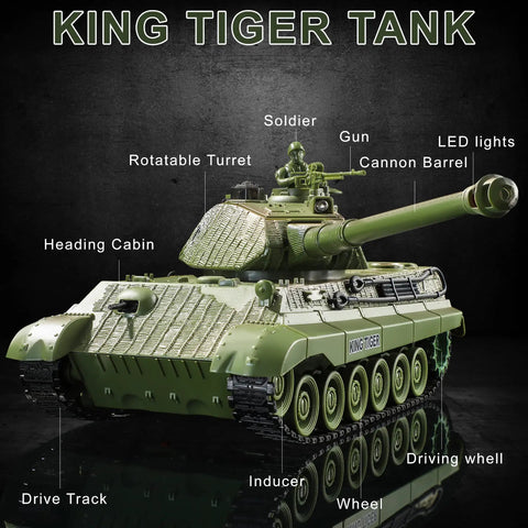 Remote Control King Tiger Tank Toy For Kids Dope 1:28 Scale 9 Channel RC Military Vehicle with lights, turret action, labeled parts