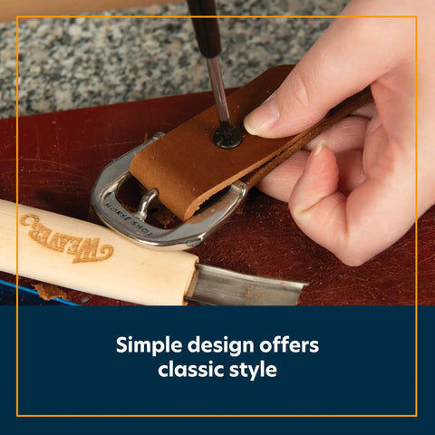 Person installing Top Notch Black Chicago Screws Pack Of 10 on leather strap with rustic tools for bags and belts.