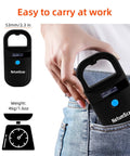 Compact black Upgraded Pet Microchip Scanner With 256 Data Storage fits easily into jeans pocket, handheld design shown.