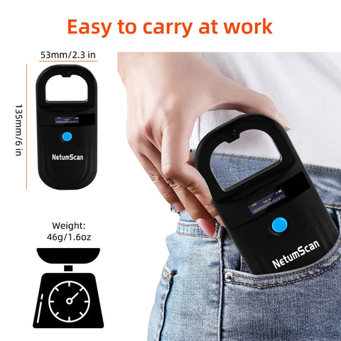 Compact black Upgraded Pet Microchip Scanner With 256 Data Storage fits easily into jeans pocket, handheld design shown.