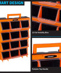Hella Spacious Plastic Storage Drawers Heavy Duty Small Parts Organizer For Garage Workshop 12 Drawer Bins Sorter For Screws Nuts Bolts Crafting And Toy Blocks Black with foldable handle.