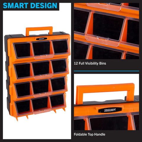 Hella Spacious Plastic Storage Drawers Heavy Duty Small Parts Organizer For Garage Workshop 12 Drawer Bins Sorter For Screws Nuts Bolts Crafting And Toy Blocks Black with foldable handle.