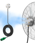Magnetic Outdoor Fan Misting Kit With Triple Nozzle Design, 16.4 Foot Misting Line attached to metal fan