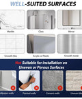 Image showing well-suited surfaces for Heavy Duty Self Adhesive Wall Hooks Built Different, including smooth tiles and glass.
