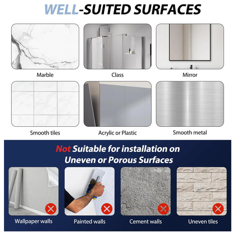 Image showing well-suited surfaces for Heavy Duty Self Adhesive Wall Hooks Built Different, including smooth tiles and glass.