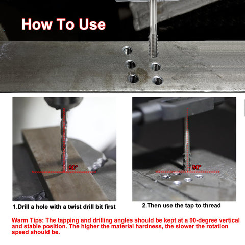 6 32 UNC Tap and No 36 Drill Bit Set for Metal Machining M2 HSS Tap Drill Kit usage instructions with angles shown.