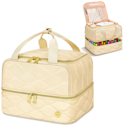 Two Layer Nail Polish Organizer Case That Holds 42 Plus 15ml Bottles, a handy nail kit bag in beige with compartments for supplies.