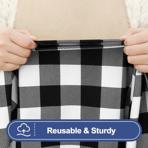 Person holding Buffalo Plaid Waterproof 3 Piece Picnic Table Cover Set With Bench Covers, elastic fitted, black and white print