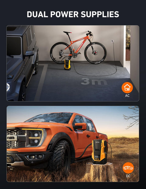 Dual Power Portable Tire Inflator With AC And DC Power, 150 PSI Max, LED Light, Fast Inflation For Cars and Bikes.