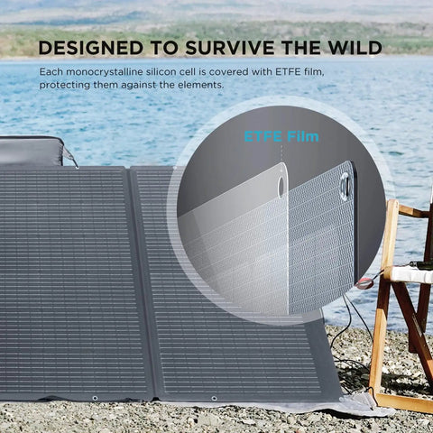 On The Go Portable Solar Generator 120V 3.6kWh Delta Pro With 400W Solar Panel with ETFE film detail by a lake