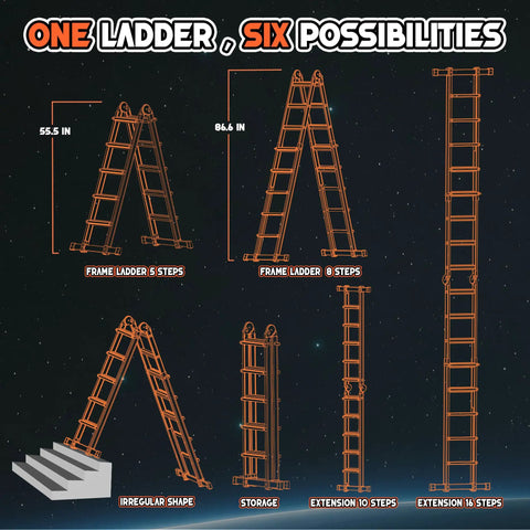 Telescoping A Frame Ladder 17 Ft With Anti Slip Feet, Multi Position Extension Ladder, Dual Stabilizer Bars For 8 Point Ground Contact, Secure Locking And Smooth Retraction For Stable Wobble Free High Reach Tasks, shown in six positions