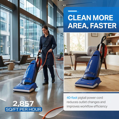 Rigorously Durable Powr Flite Rigel Commercial Upright Vacuum With 1200 Watt Motor For Heavy Duty Cleaning In Retail And Hospitality Spaces Featuring Automatic Height Adjustment Metal Brush Roll And Consistent Power Output For All Your Professional