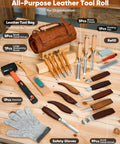 Deluxe Wood Carving Kit With 25 Piece Tool Set And Leather Storage Bag For Beginners displayed on table with tools and leather roll