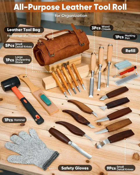 Deluxe Wood Carving Kit With 25 Piece Tool Set And Leather Storage Bag For Beginners displayed on table with tools and leather roll