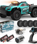 Brushless 4x4 RC Truck for Adults Hits 50 MPH, 1/14 Scale, 3S Electric Power, surrounded by parts and accessories