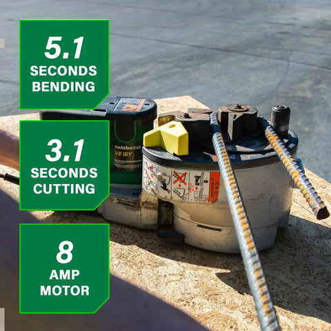 Portable Rebar Bender And Cutter With 8 Amp Pro Motor Bends And Cuts Grade 60 Rebar Up To 3/8 1/2 Or 5/8 Inch Max 180 Degree Angles Variable Speed Trigger Lightweight Tool For Precise And Consistent Bends And Clean Cuts on a wood surface.