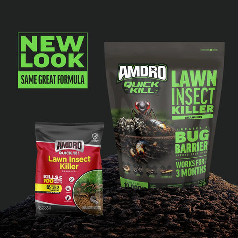 Quick Kill Lawn Insect Killer Granules 10 Lb Black Label packaging showing product bag on soil, promotes 3-month bug barrier.